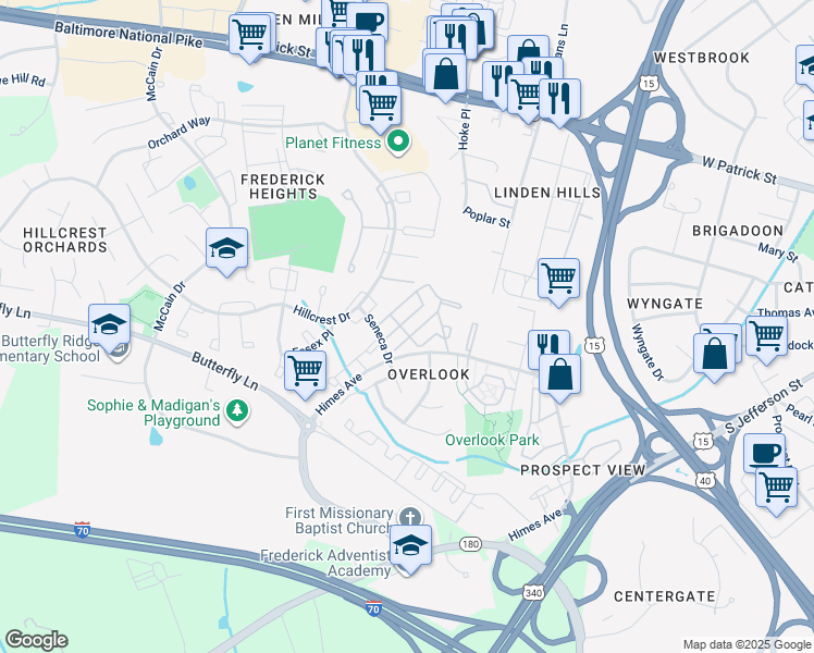 map of restaurants, bars, coffee shops, grocery stores, and more near 576 Cascade Way in Frederick