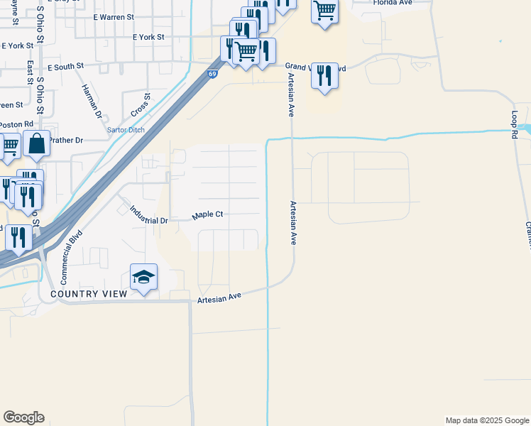 map of restaurants, bars, coffee shops, grocery stores, and more near 1432 Maple Court in Martinsville