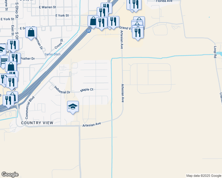 map of restaurants, bars, coffee shops, grocery stores, and more near 1432 Maple Court in Martinsville