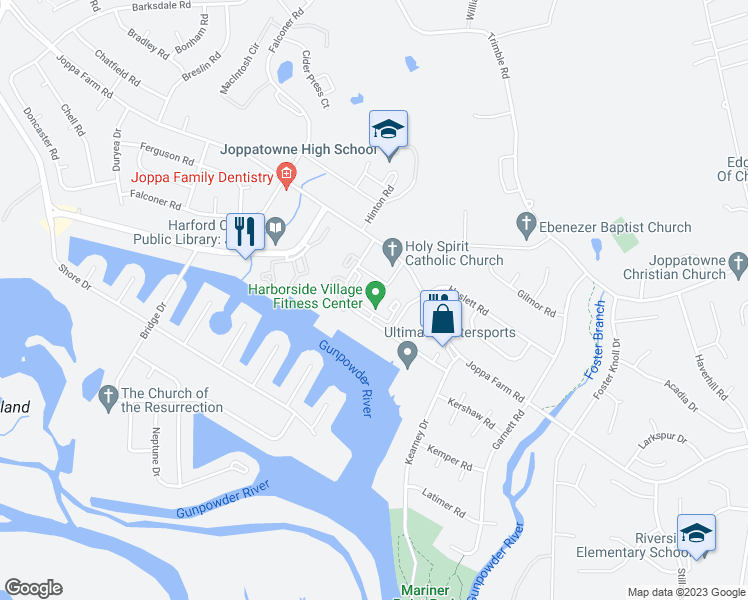 map of restaurants, bars, coffee shops, grocery stores, and more near 300 Monaco Terrace in Harford County
