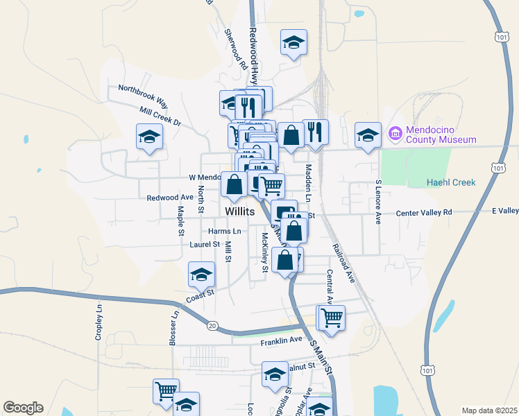 map of restaurants, bars, coffee shops, grocery stores, and more near 258 South Main Street in Willits