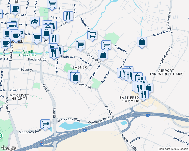 map of restaurants, bars, coffee shops, grocery stores, and more near 30 Hamilton Avenue in Frederick