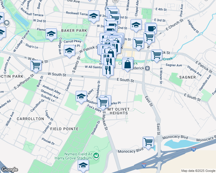 map of restaurants, bars, coffee shops, grocery stores, and more near 232 South Market Street in Frederick