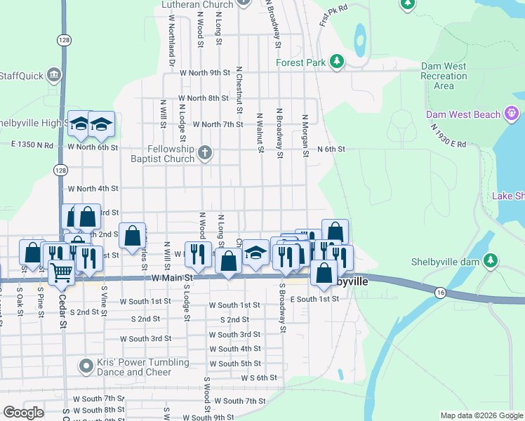 map of restaurants, bars, coffee shops, grocery stores, and more near 400 North Walnut Street in Shelbyville