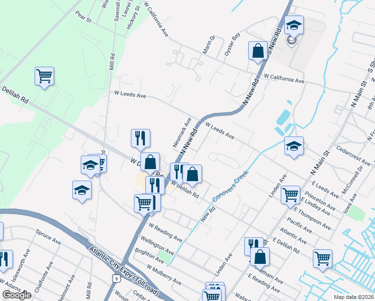 map of restaurants, bars, coffee shops, grocery stores, and more near 1014 North New Road in Pleasantville