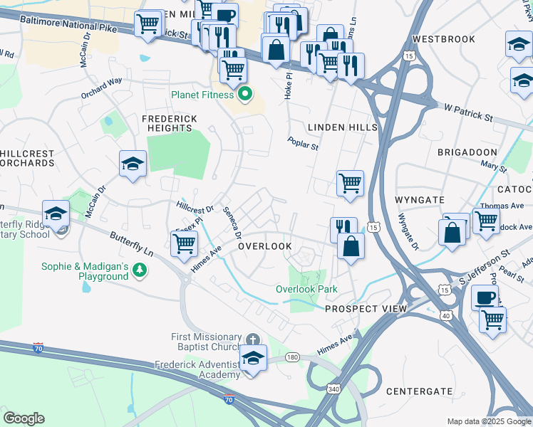 map of restaurants, bars, coffee shops, grocery stores, and more near 508 Boysenberry Lane in Frederick