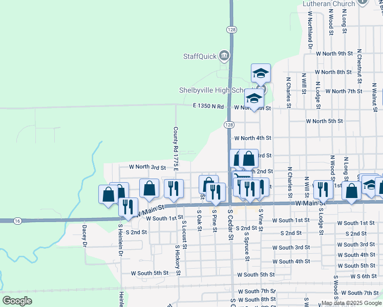 map of restaurants, bars, coffee shops, grocery stores, and more near 310 North Locust Street in Shelbyville