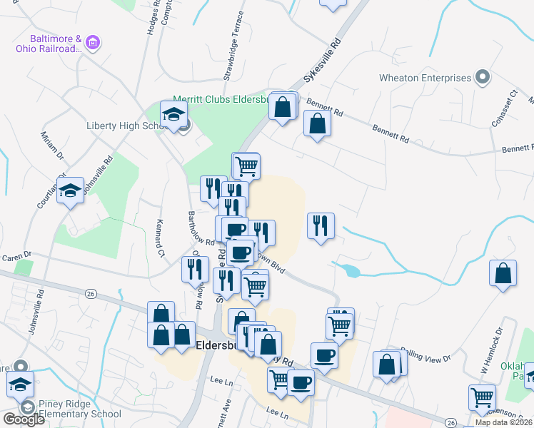 map of restaurants, bars, coffee shops, grocery stores, and more near 1324 Londontown Boulevard in Sykesville
