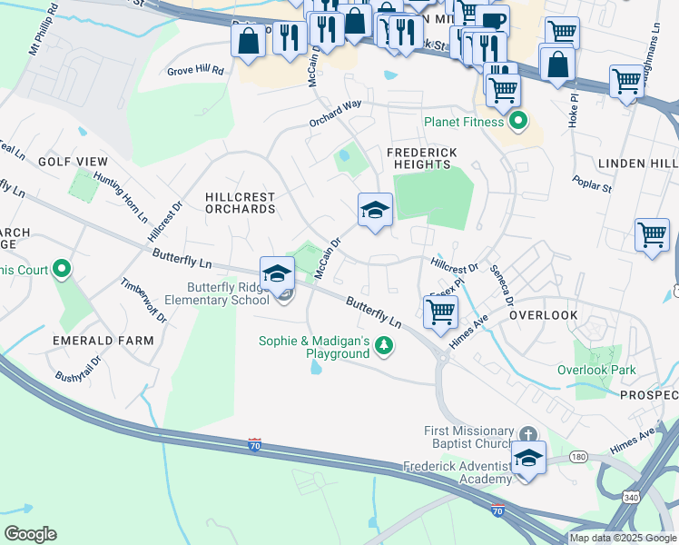 map of restaurants, bars, coffee shops, grocery stores, and more near 514 Ellrose Court in Frederick