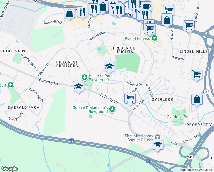 map of restaurants, bars, coffee shops, grocery stores, and more near 500 Riggs Court in Frederick