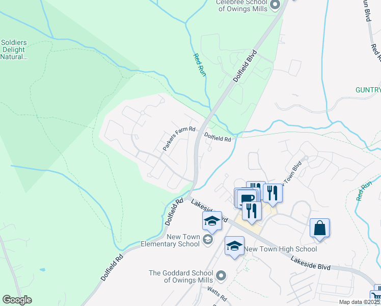 map of restaurants, bars, coffee shops, grocery stores, and more near 10843 Sherwood Hill Road in Owings Mills