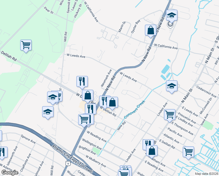 map of restaurants, bars, coffee shops, grocery stores, and more near 1014 North New Road in Pleasantville