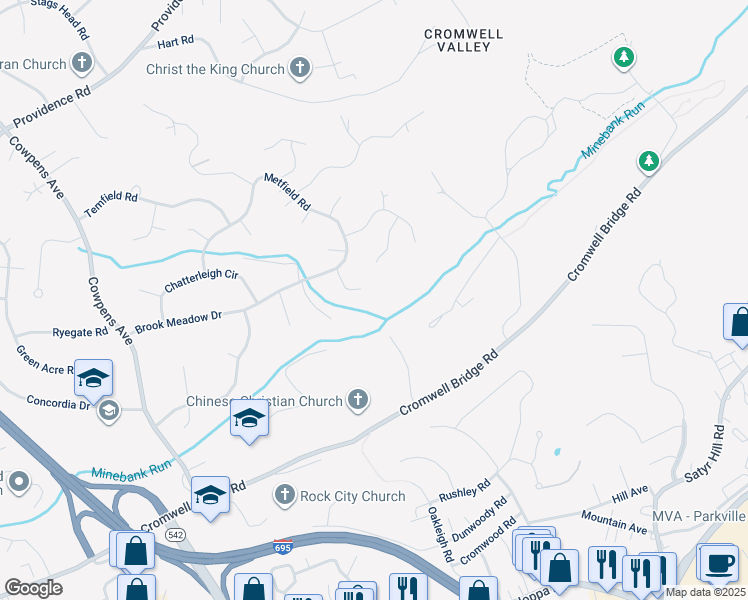 map of restaurants, bars, coffee shops, grocery stores, and more near 9 Harts Run Court in Towson