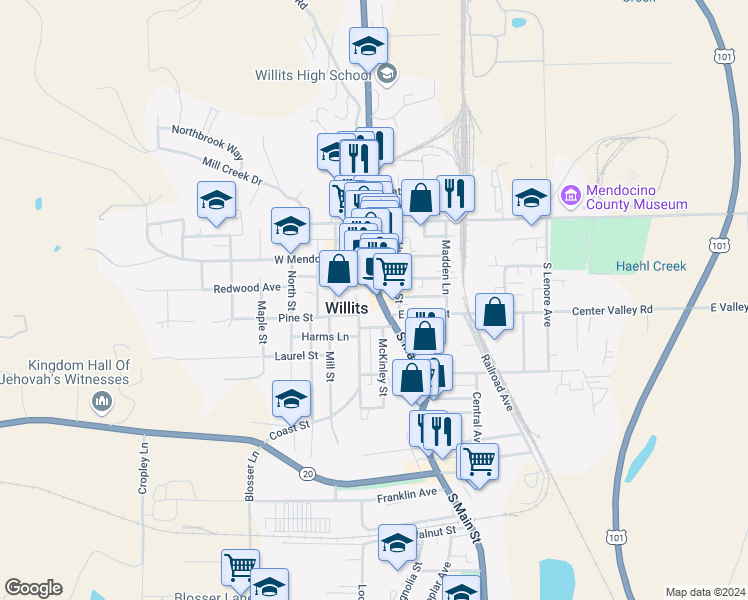 map of restaurants, bars, coffee shops, grocery stores, and more near 242 South Main Street in Willits