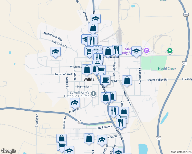 map of restaurants, bars, coffee shops, grocery stores, and more near 242 South Main Street in Willits