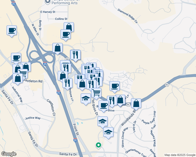 map of restaurants, bars, coffee shops, grocery stores, and more near 323 Metzler Drive in Castle Rock