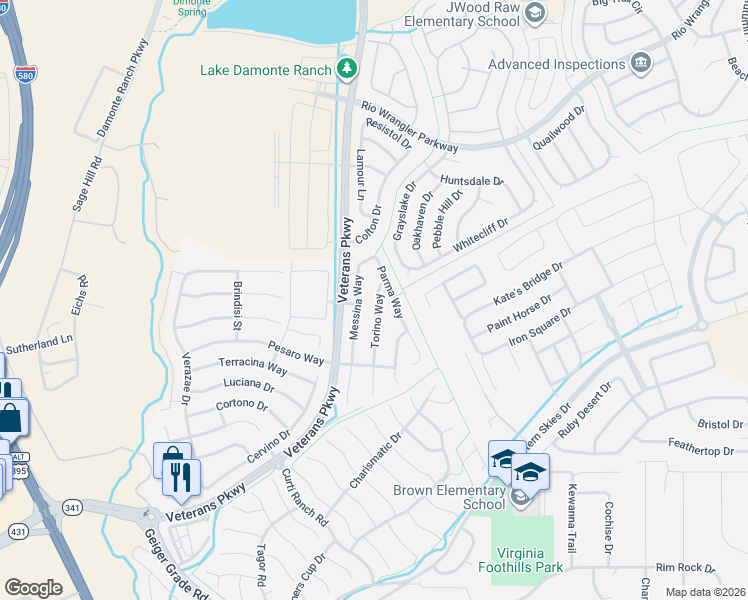 map of restaurants, bars, coffee shops, grocery stores, and more near 11290 Torino Way in Reno