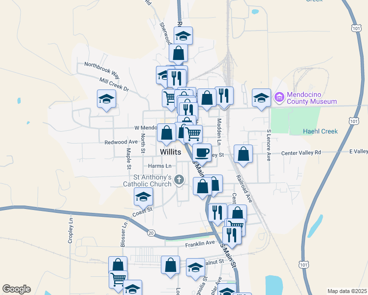 map of restaurants, bars, coffee shops, grocery stores, and more near 258 South Main Street in Willits