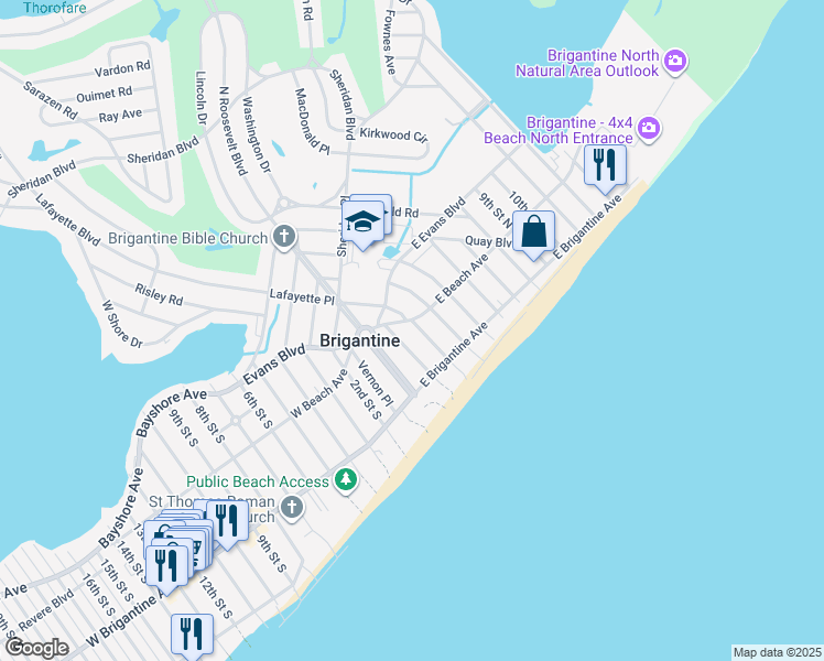 map of restaurants, bars, coffee shops, grocery stores, and more near 216 3rd Street South in Brigantine