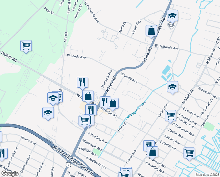map of restaurants, bars, coffee shops, grocery stores, and more near 1014 North New Road in Pleasantville