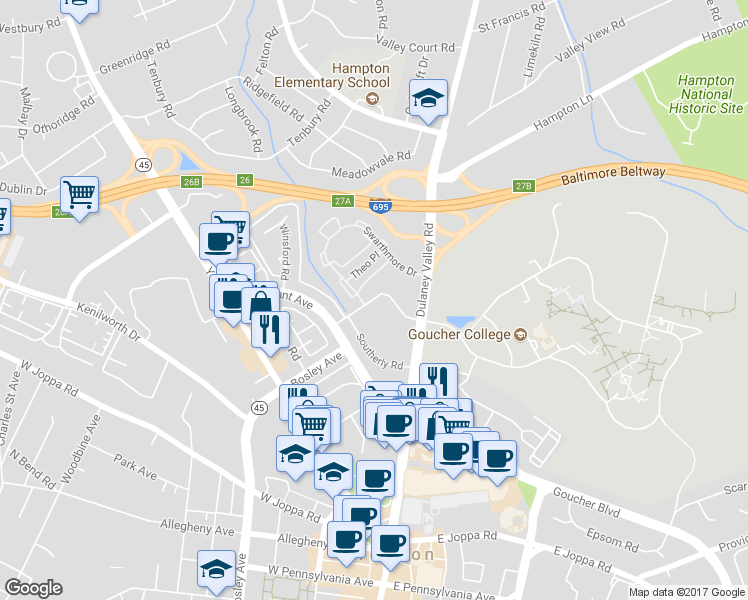 map of restaurants, bars, coffee shops, grocery stores, and more near 900 Dulaney Valley Road in Towson
