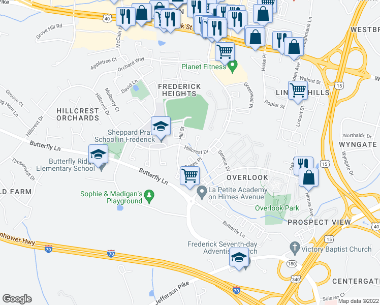 map of restaurants, bars, coffee shops, grocery stores, and more near 531 Wellington Court in Frederick