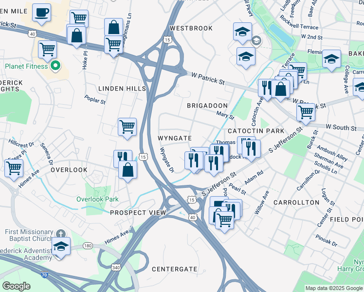 map of restaurants, bars, coffee shops, grocery stores, and more near 702 Midway Drive in Frederick