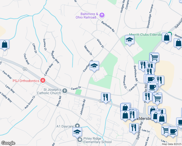 map of restaurants, bars, coffee shops, grocery stores, and more near 1022 Johnsville Road in Sykesville