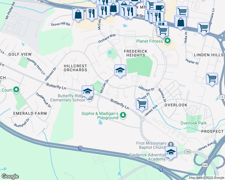 map of restaurants, bars, coffee shops, grocery stores, and more near 502 Ellrose Court in Frederick