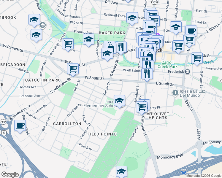 map of restaurants, bars, coffee shops, grocery stores, and more near 245 Washington Street in Frederick