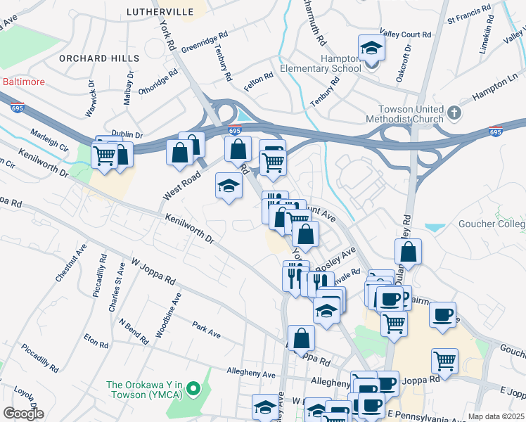 map of restaurants, bars, coffee shops, grocery stores, and more near 950 Maryland 45 in Towson