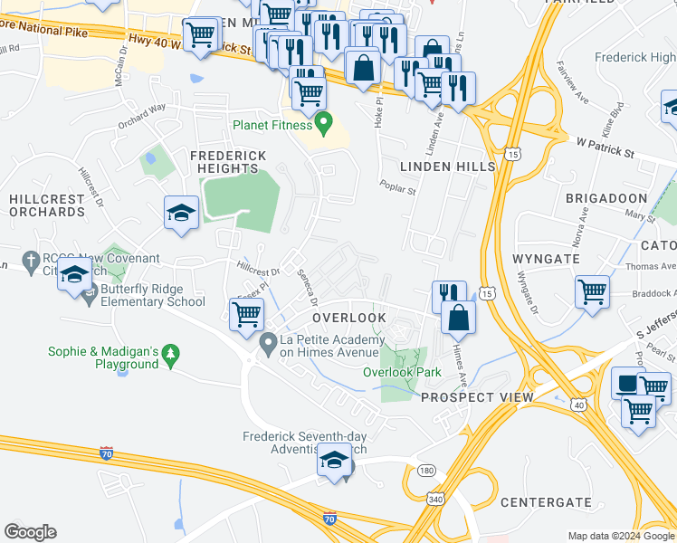 map of restaurants, bars, coffee shops, grocery stores, and more near 566 Cascade Way in Frederick