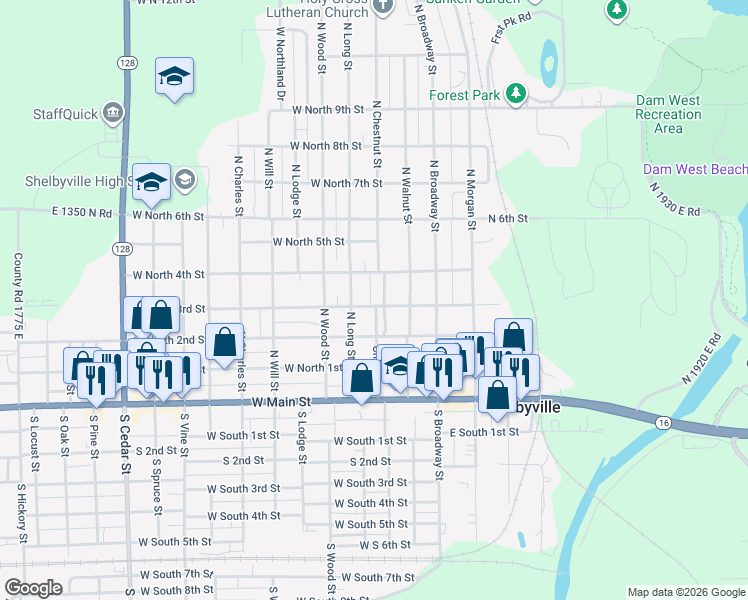 map of restaurants, bars, coffee shops, grocery stores, and more near 308-398 W North 3rd St in Shelbyville
