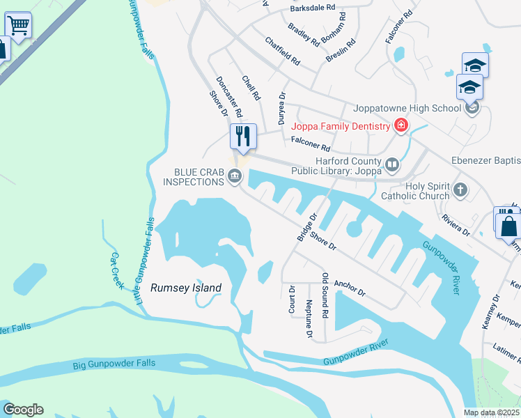 map of restaurants, bars, coffee shops, grocery stores, and more near 752 Shore Drive in Joppa