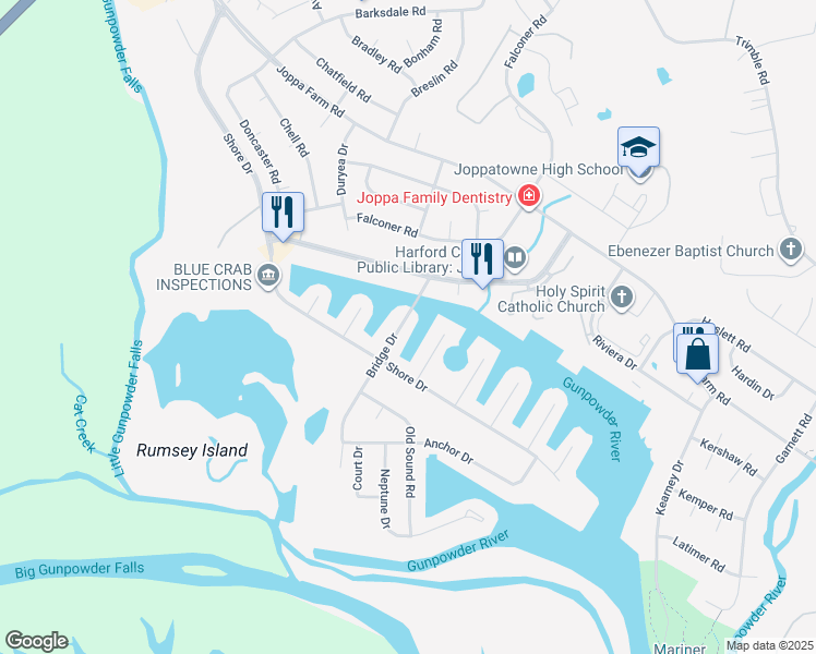 map of restaurants, bars, coffee shops, grocery stores, and more near 227 Bridge Drive in Harford County