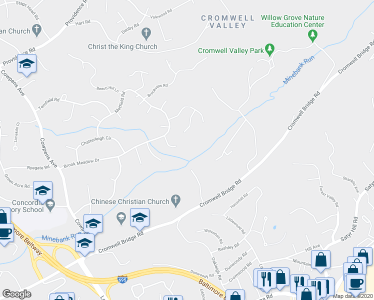 map of restaurants, bars, coffee shops, grocery stores, and more near 9 Harts Run Court in Towson