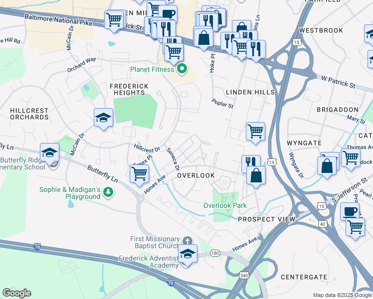 map of restaurants, bars, coffee shops, grocery stores, and more near Cascade Way in Frederick