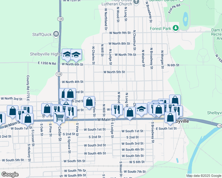 map of restaurants, bars, coffee shops, grocery stores, and more near 500-698 West North 3rd Street in Shelbyville