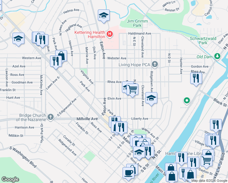 map of restaurants, bars, coffee shops, grocery stores, and more near 205 Progress Avenue in Hamilton