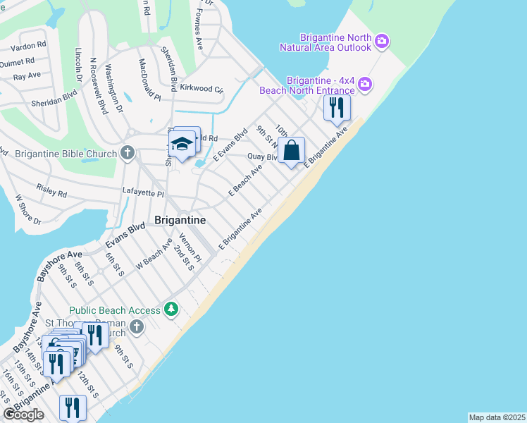 map of restaurants, bars, coffee shops, grocery stores, and more near 500 East Brigantine Avenue in Brigantine