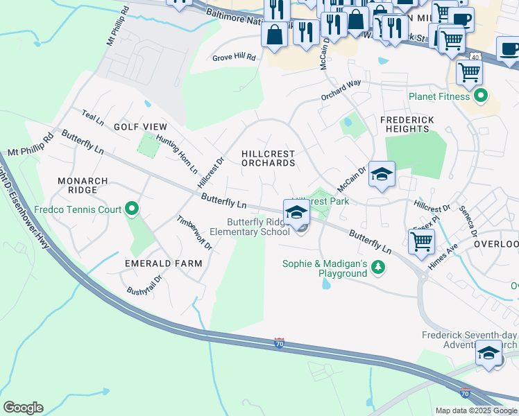 map of restaurants, bars, coffee shops, grocery stores, and more near Butterfly Lane in Frederick
