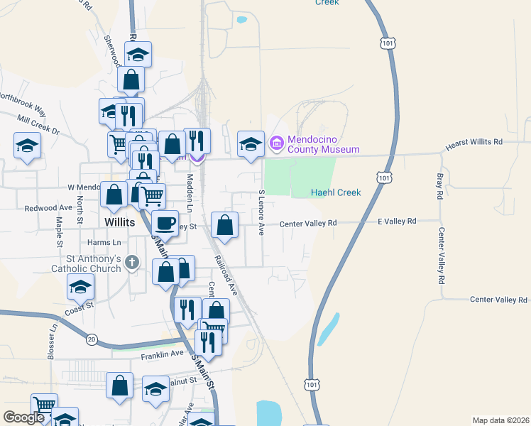 map of restaurants, bars, coffee shops, grocery stores, and more near 251 South Lenore Avenue in Willits