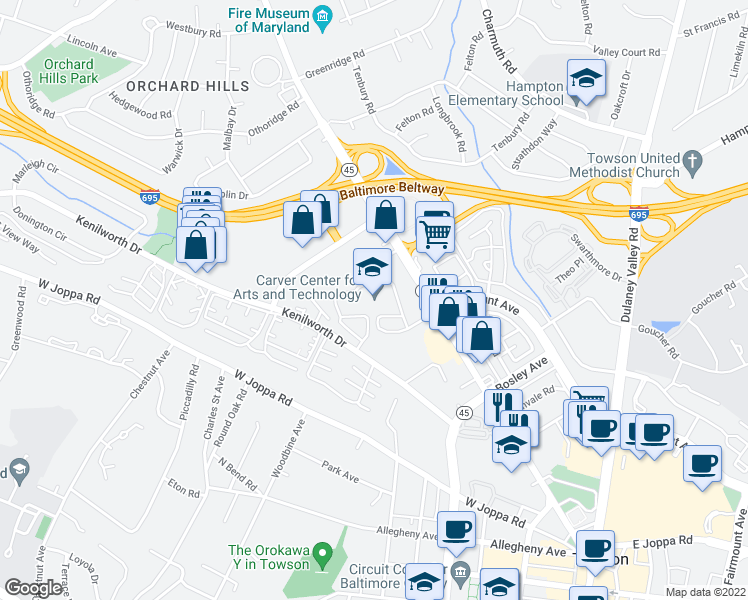 map of restaurants, bars, coffee shops, grocery stores, and more near 938 York Road in Towson