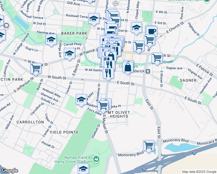 map of restaurants, bars, coffee shops, grocery stores, and more near 220 South Market Street in Frederick