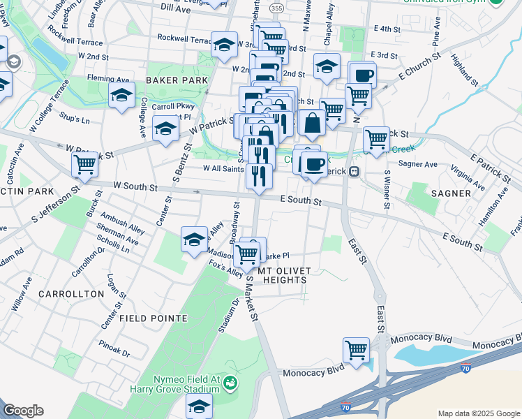 map of restaurants, bars, coffee shops, grocery stores, and more near 220 South Market Street in Frederick