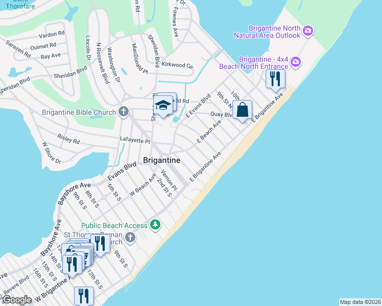map of restaurants, bars, coffee shops, grocery stores, and more near 216 3rd Street South in Brigantine