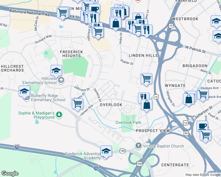 map of restaurants, bars, coffee shops, grocery stores, and more near 555 Boysenberry Lane in Frederick
