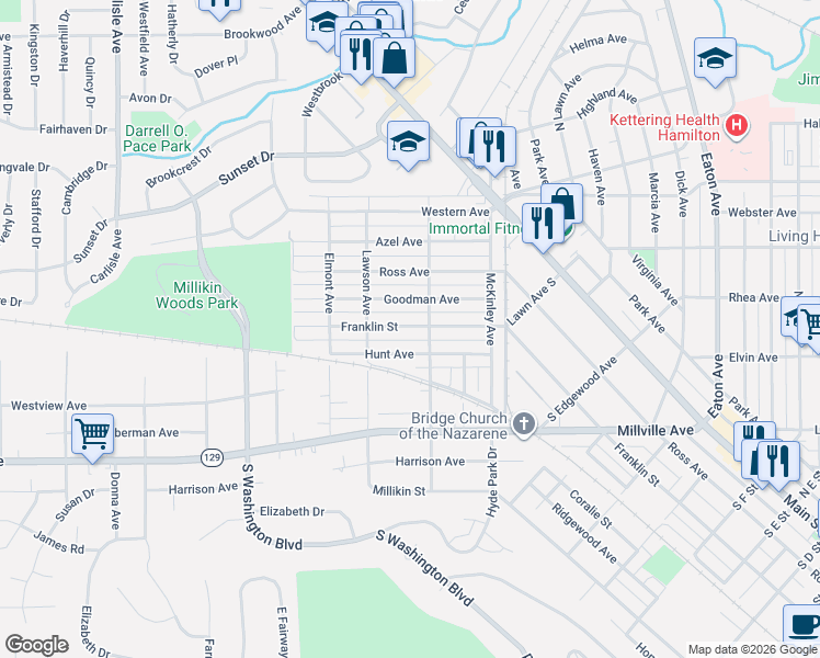 map of restaurants, bars, coffee shops, grocery stores, and more near 1102 Hunt Avenue in Hamilton