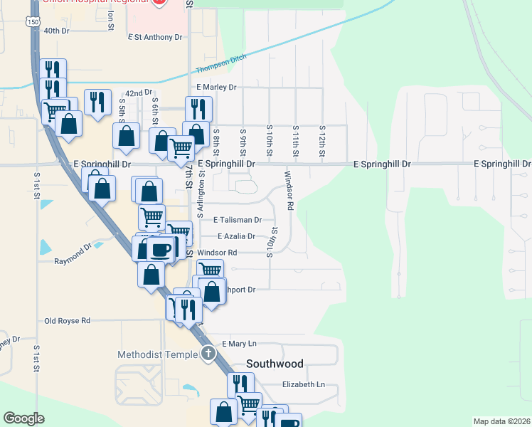 map of restaurants, bars, coffee shops, grocery stores, and more near 922 East Azalia Drive in Terre Haute