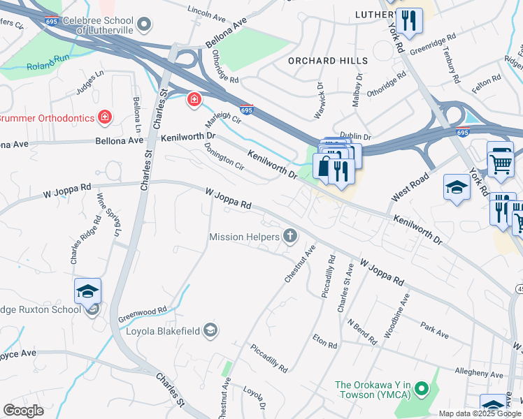 map of restaurants, bars, coffee shops, grocery stores, and more near 1055 West Joppa Road in Towson
